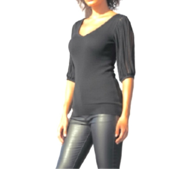 Bisou Bisou Goth Glsm Black Sweater Top V-Neck Blouse with Cutout Sleeves - Picture 3 of 12